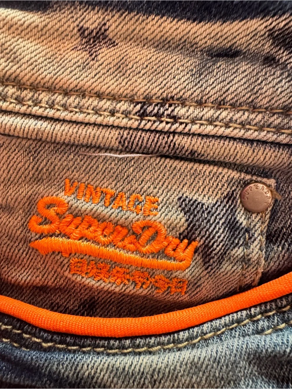 Superdry Women's Blue Distressed Denim Shorts with Orange Trim - Picture 2 of 9